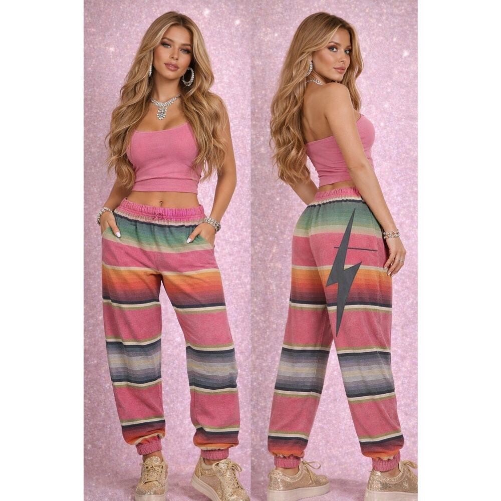 ⚡️Aviator Nation Y2K Stripe Sweatpants Lightning Bolt Pink Joggers Pants XS USA - Picture 10 of 10